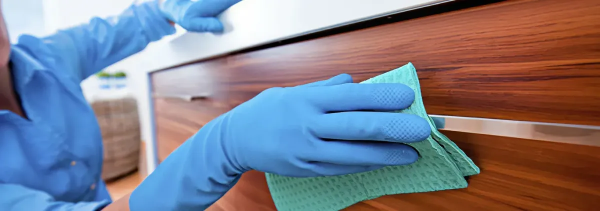 Cleaner wearing blue gloves wiping a wooden cabinet drawer with a microfiber cloth for dust and grime removal, Pueblo, CO.